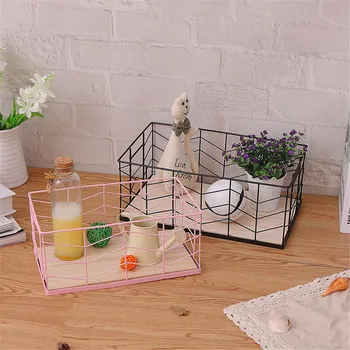 

Vogue Pink Metal Storage Basket with Wooden Bottom Office Desktop Book Sundries Basket Home Food Clothing Black Organizer Frame
