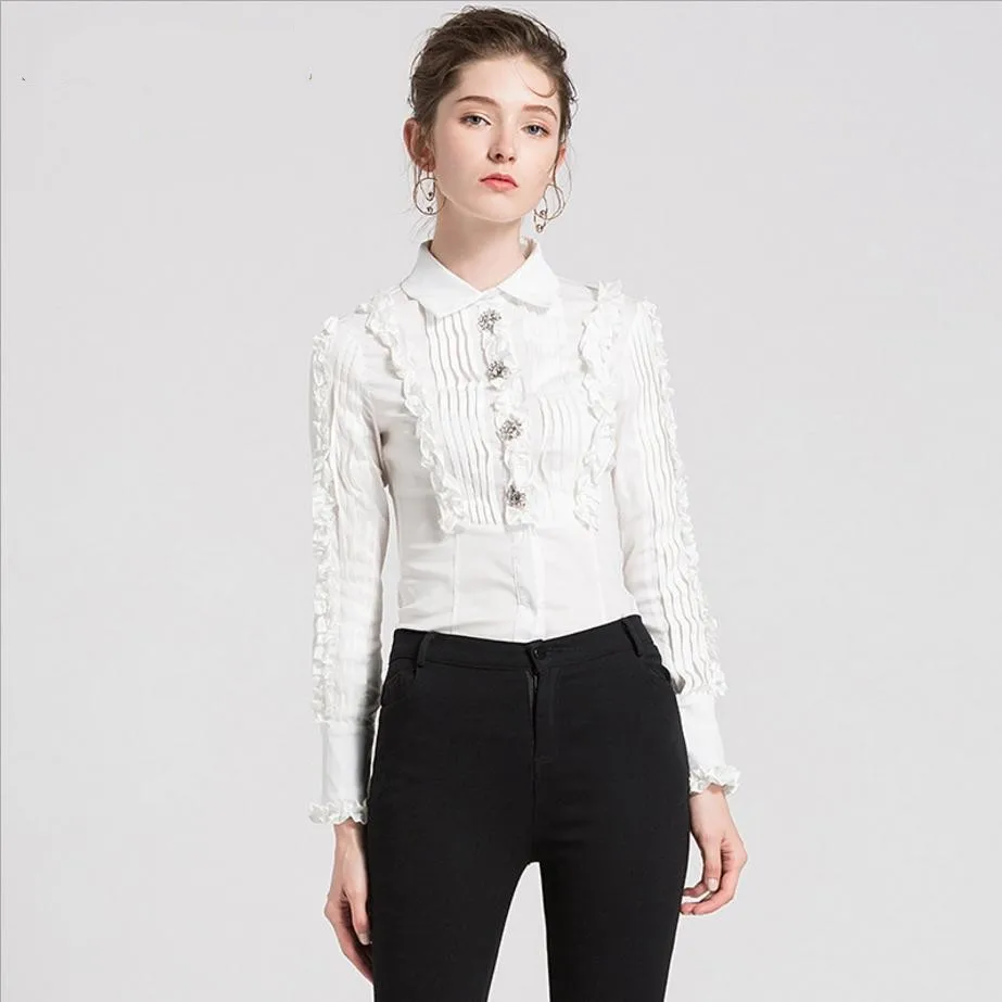  2019 summer new stitching wooden ear chiffon blouses female temperament retro pleated rhinestone bu