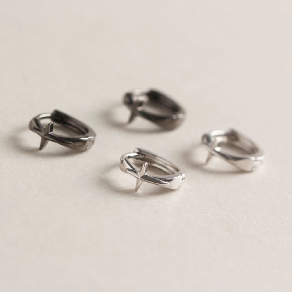 

925 Sterling Silver Jewelry Unique Gun Black Huggie Earrings Brinco Hoop Cross Earrings For Women Men Round Circle Earring