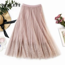REALEFT Весна новое поступление женские элегантные длинные юбки высокая талия кружева лоскутное сетки печатных до середины икры плиссированные юбки для женщин s