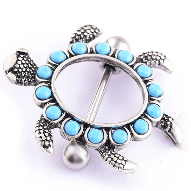 

1PC Blue Bead Turtle Nipple Rings Surgical Steel Helix Earring Retro Nipple Piercing Tortoise Body Jewelry Gift