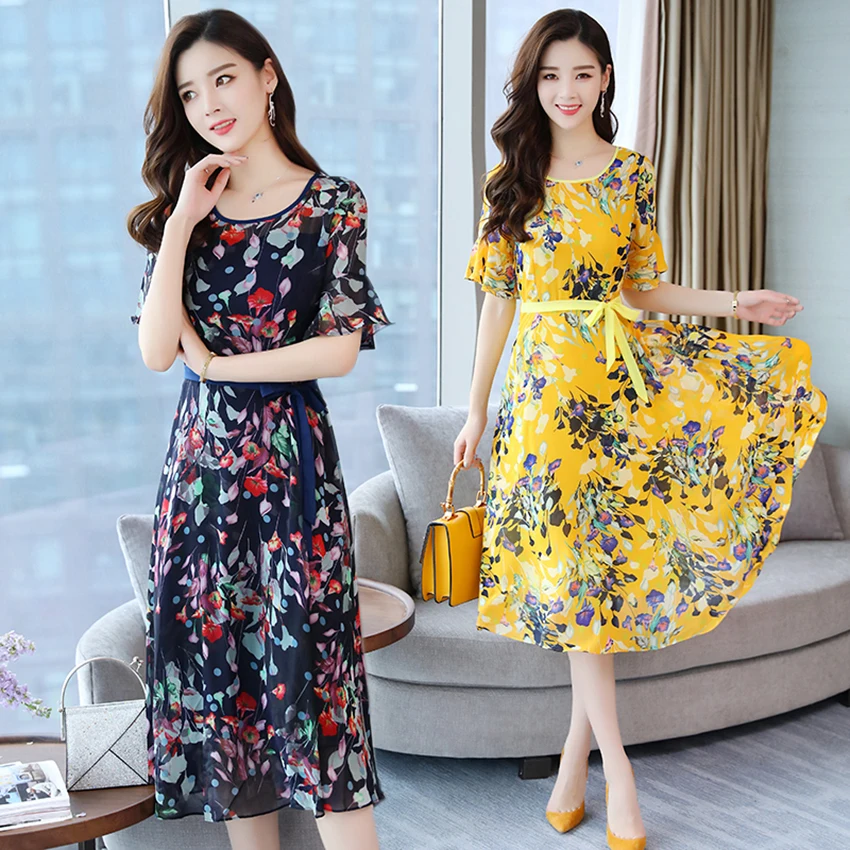Plus Size Summer Floral Print Yellow Maxi sundress 2018 New Elegant