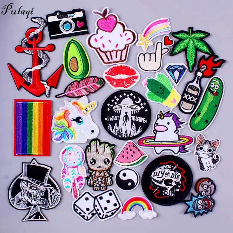 

Pulaqi UFO Space Stickers Cute Animal Embroidered Patches Iron On Patches For Clothing Skull Cactus Patch Applique Stickers F
