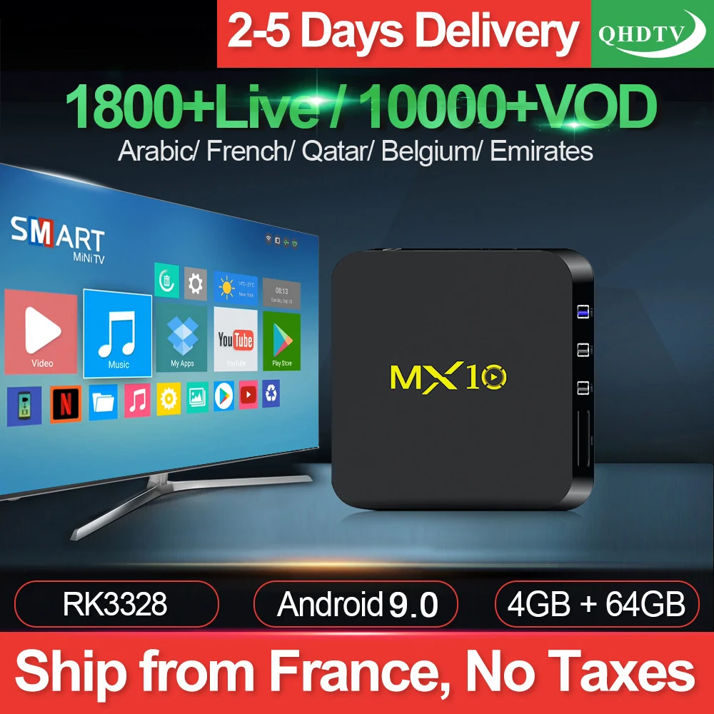 

MX10 QHDTV IPTV Subscription Box Android 9.0 4G 64G USB3.0 RK3328 with QHDTV 1 Year Code Arabic France Belgium Netherlands IP TV