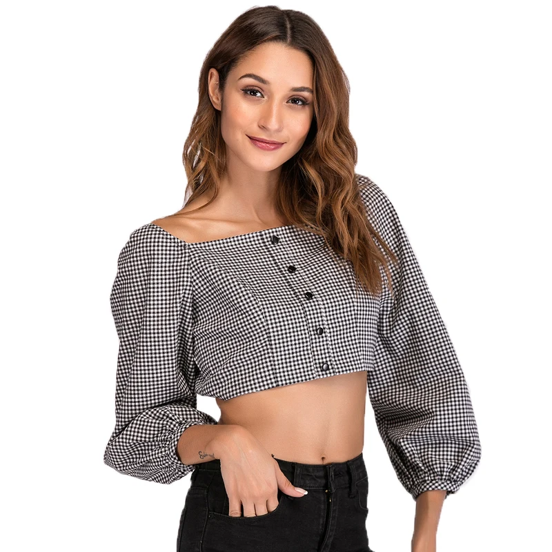 Women Crop Top Sexy tunics Vintage Checked Plaid Print Lantern Sleeve