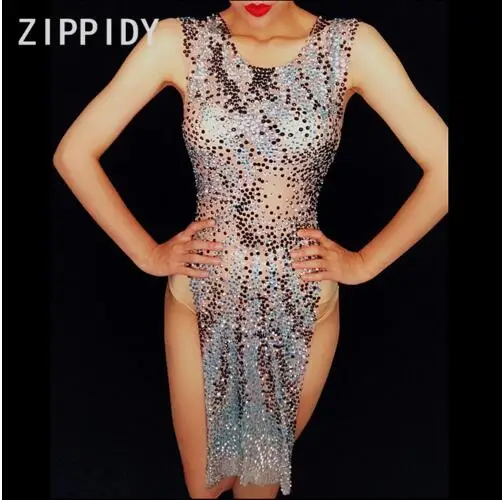 

Fashion Bright Rhinestones Dress Sexy Women Nightclub Sparkly Stones Dress Bodysuit Dance Performance Wear Big Stretch Outfit