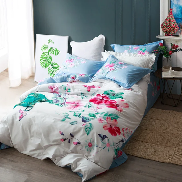 flowers leaves and butterfly white blue bedding set queen king size 100 cotton king size sheets