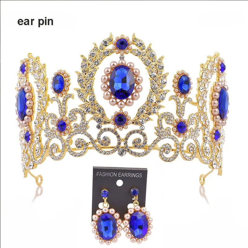 Барокко золото камни кристалл тиара и корона серьги набор женщин диадема головные уборы, свадебные прически ювелирные аксессуары набор VL - Окраска металла: blue 1