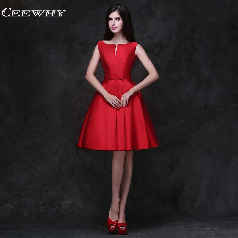 

CEEWHY Satin Dress Elegant Graduation Homecoming Dresses Knee Length Wedding Party Dresses Sleeveless Open Back Cocktail Dresses