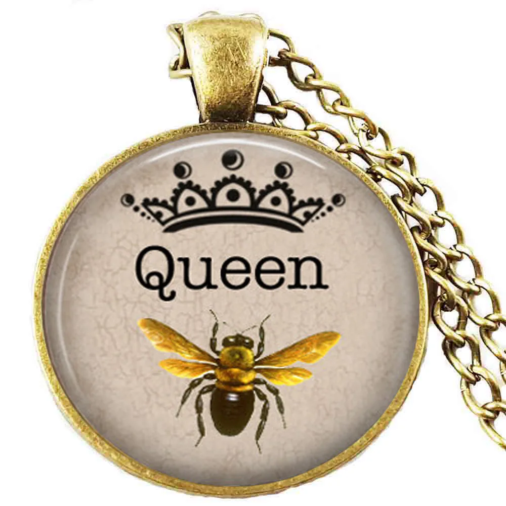 Queen bee crown necklace antique bronze, crown queen bee pendant
