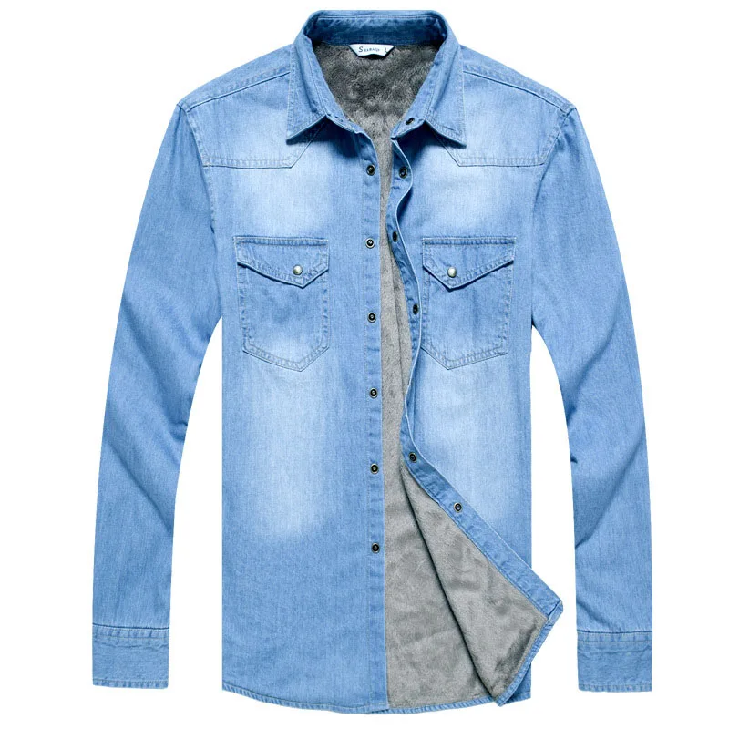 Light Blue Высокое качество модные брендовые зимние джинсы рубашка мужская теплая флисовая Подкладка Бархатные джинсовые рубашки 4XL Мужская нижняя рубашка - Цвет: Light Blue