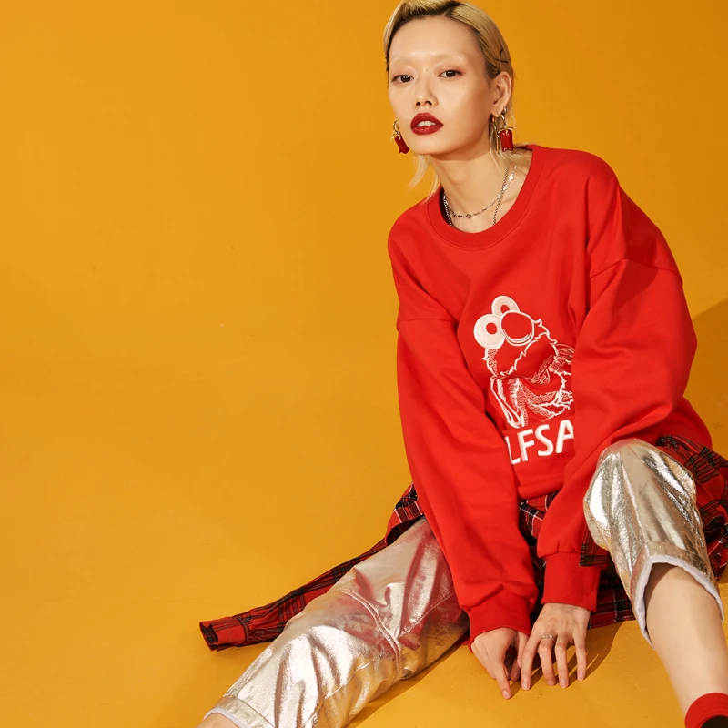 

ELF SACK Autumn New Woman Sweatshirts Hoodies Casual O-Neck Print Women Pullovers Full Femme Stylish Sweatshirts Cotton Sudadera