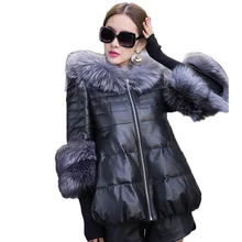 Женское пальто из искусственной кожи, новинка, зимняя меховая куртка для женщин, воротник из искусственного меха лисы, куртка с капюшоном, зимняя теплая женская меховая куртка
