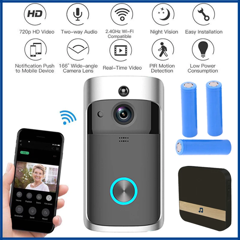 

WiFi Video Doorbell 720P Security Camera Door Phone Two-Way Audio Night Vision Wireless Door Bell Intercom IP Home Door bell