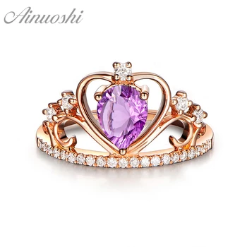 

AINUOSHI Natural Amethyst Queen Crown Ring 925 Sterling Silver Rose Gold Color Ring 1ct Pear Cut Engagement Jewelry Women Ring