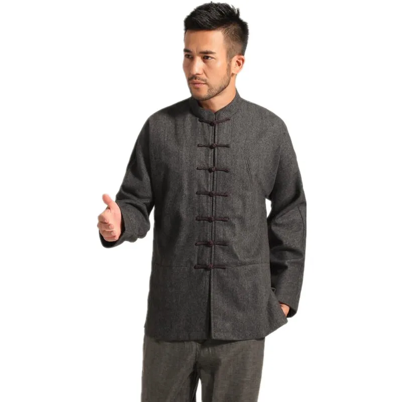 High Quality Drak Gray Chinese Men's Wool Kung Fu Jacket Winter Thick