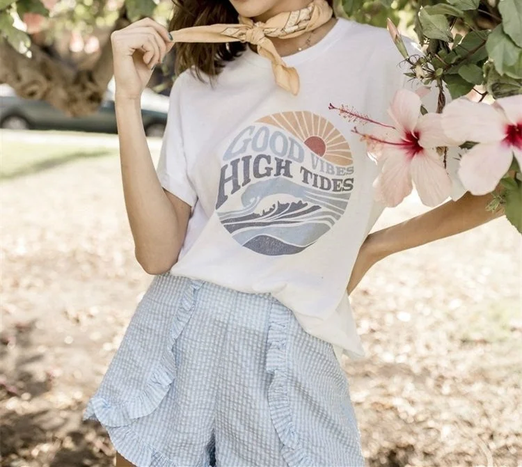 

Kuakuayu-JBH 1pcs Vintage Retro HIp Hop High Tides Good Vibes Tops Feel Good Vintage Design Shirt Cotton Tee Clothes Summer