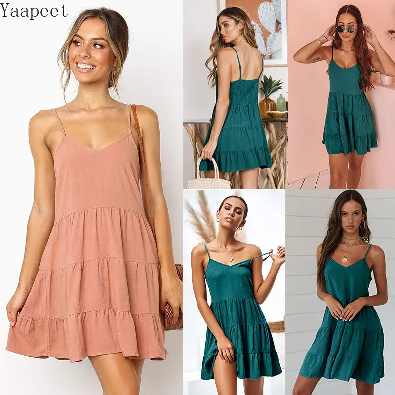 

Sexy Spaghetti Strap A Line Dress Multi-layer Stitching Women Short Elastic Bust Dress Female 2019 Summer Midi Dress