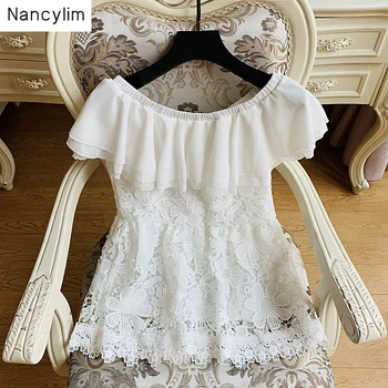 

2019 Summer New Women Lace Shirt Sweet Slash Collar Shoulderless White Blouse Ruffles Shirts Girls Lady Holiday Tops Nancylim
