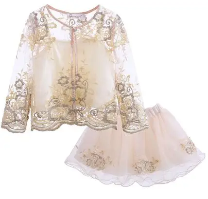 

Cutestyles 2019 New Girl Clothing Set Beige Organza Spring Jacket Embroidery Beaded Skirt For Kids Girl Clothes CS90407-16L