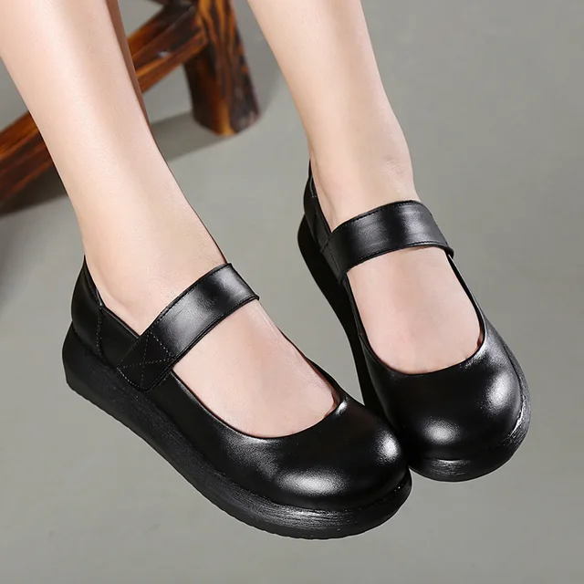 Black Summer Women Shoes Genuine Leather Soft Outsole Flat Shoes Woman