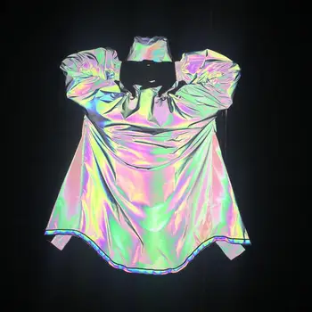 

HO new 2019 dazzle colour all reflective windbreaker seven color weaving belt splicing long windbreaker