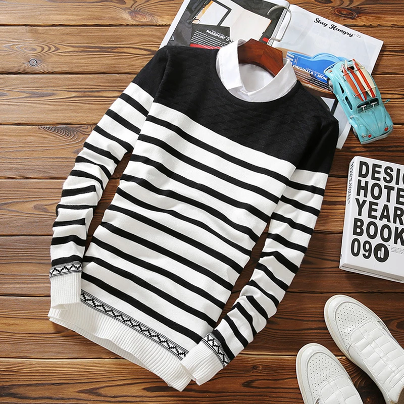 Popular Black and White Stripe Mens Sweater-Buy Cheap