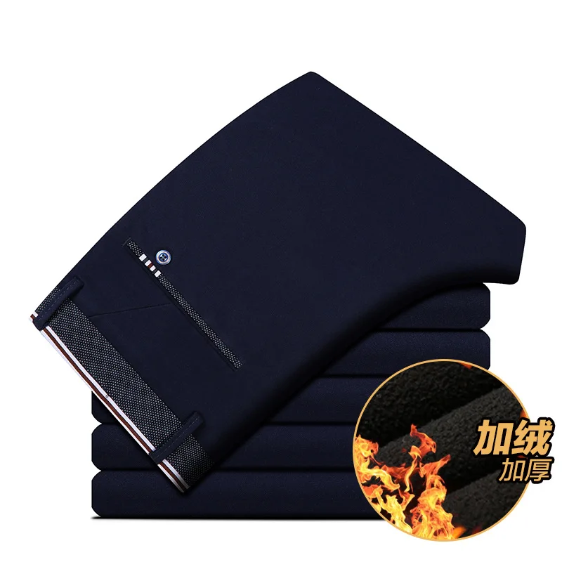 

Winter Men's Casual Pants Cotton Plus Velvet Suits Pants High Waist Thicken Fleece Middle-aged Male Loose Straight Warm Trousers