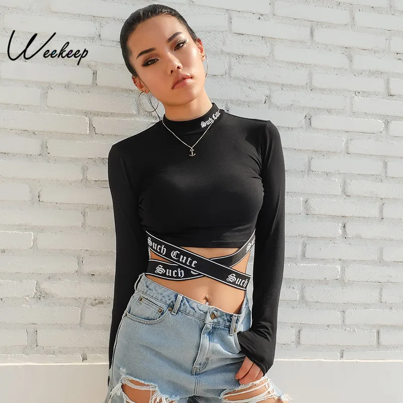 

Weekeep Women Sexy Hollow Out Long Sleeve t shirt Black Patchwork Cropped Streetwear t-shirt Spring Autumn Knitted Crop Top