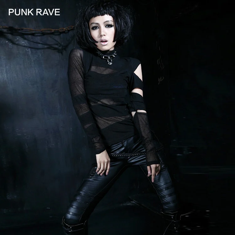 

PUNK RAVE Women's Punk Decadent Black Long Sleeves Hollow Out Tops T-Shirts Gothic Hip-hop Personality Plain Women Sexy Tees