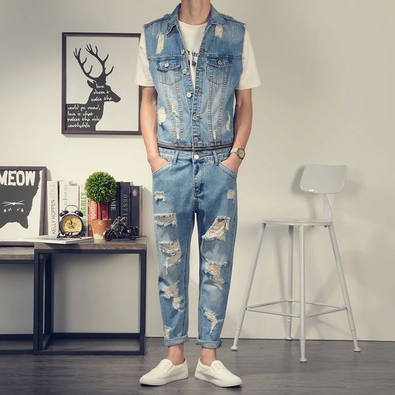 2017 New Men s denim overalls Men Casual 9 pants jeans Jumpsuits for Men with Holes