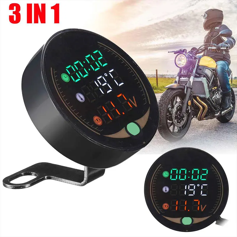 

Vehemo 3in1 for Clock Voltage Meter Electronic Digital Thermometer Temperature Time LED Modified ATV Motorcycle