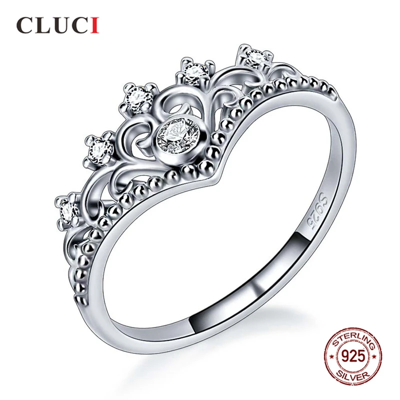 

CLUCI Genuine 925 Sterling Silver Big Crown Women Ring Zircon Jewelry Valentine Gift for Women Silver 925 Crown Ring