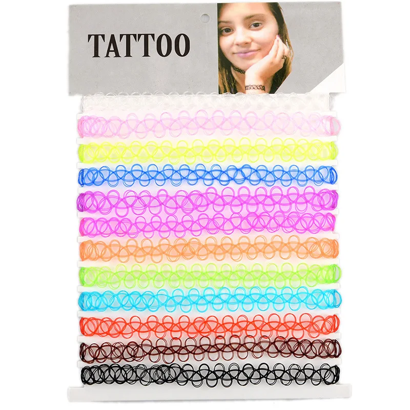

Mix 12 Colors 12 pcs/Set Tattoo Rainbow Chokers Necklace Vintage Stretch Henna Gothic Punk Elastic Hollow Chocker Women Jewelry