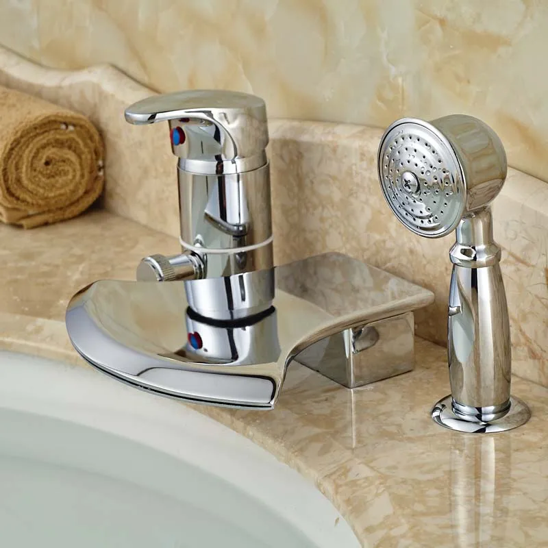 Chrome Brass Deck Mount Widespread 3pcs Bathtub Mixer Faucet  with Handshower Waterfall Spout