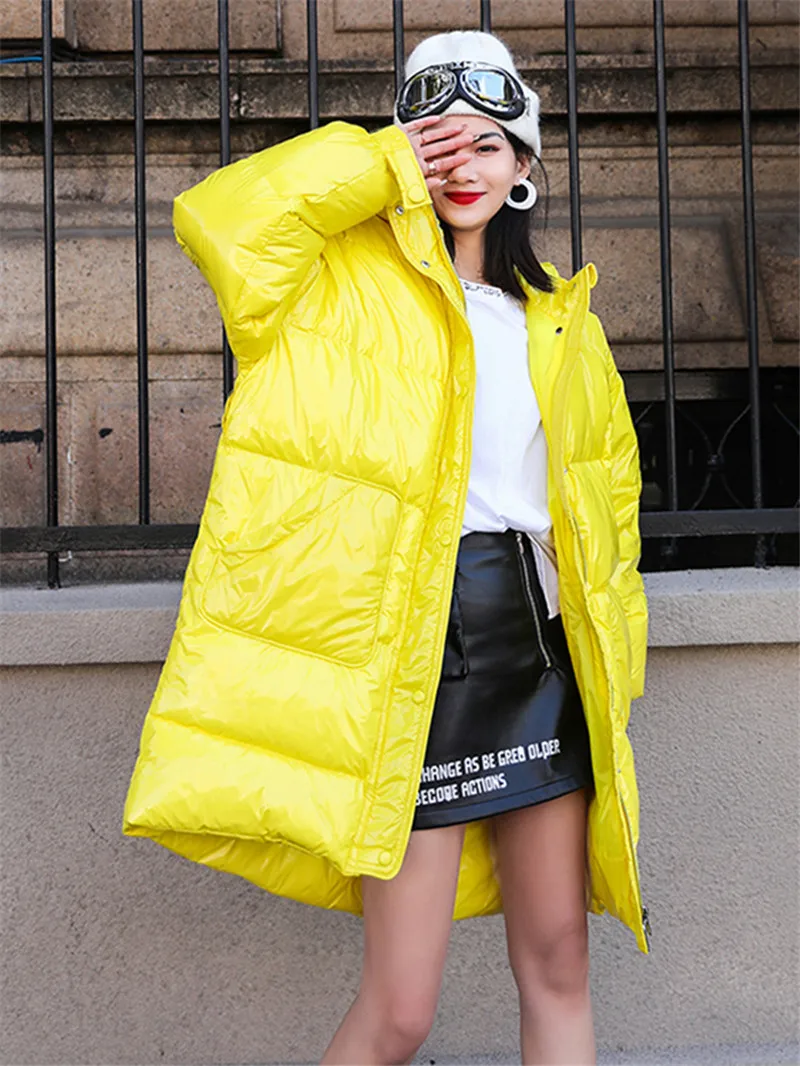 

Korean Women Fashion Winter Coats Zippers Long White Duck Fur Down Puffer Coat Letter Printed Hooded Parkas Streetwear Overcoat