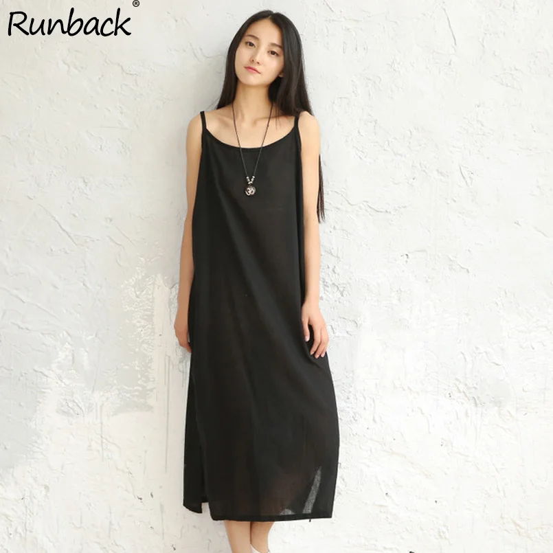 

Runback Sundress Summer Maxi Dress Solid Black White Dresses Woman Sleeveless Cotton Linen O-neck Long Maxi Robe Lange Jurken