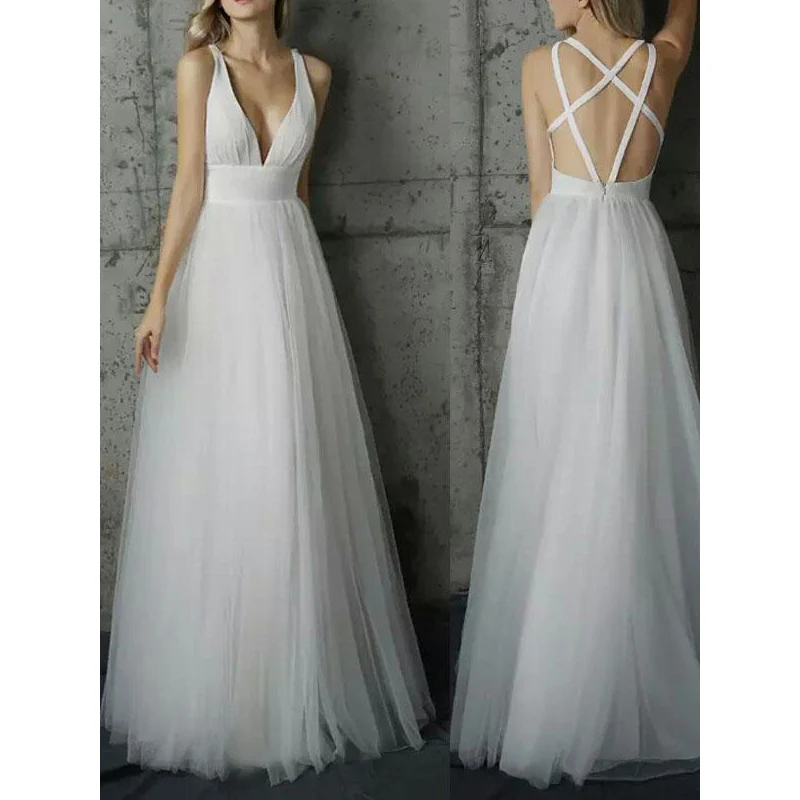 

U-SWEAR White Simple Style Strappless Deep V Neck Backless Tulle Evening Party Dress Gowns A Line Long Dress Vestidos De Fiesta