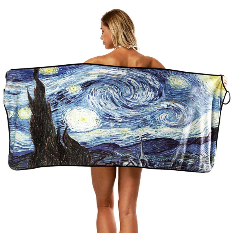 

2019 summer women sexy sleeveless asymmetrical spaghetti strap beach dresses print Van Gogh painting stars beach & bath towel