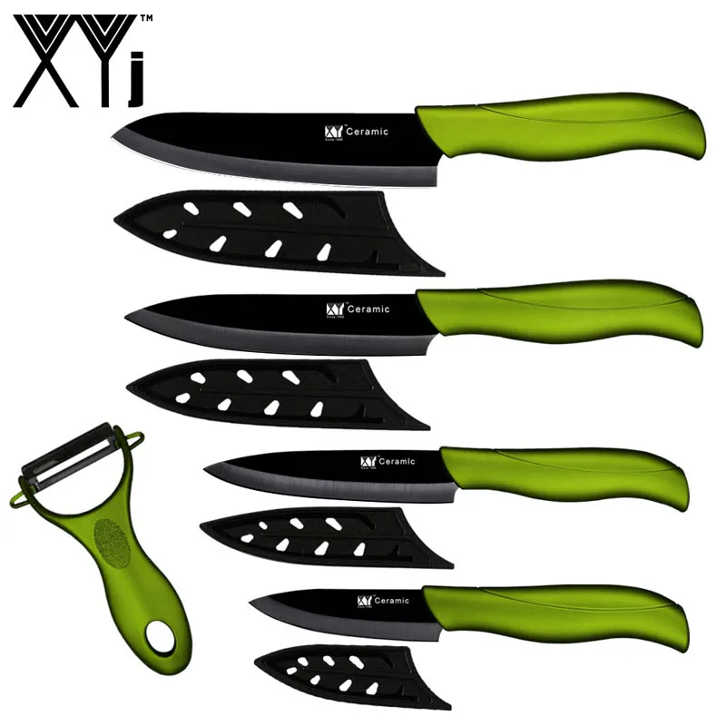 XYj 5 шт. Керамические ножи, набор, много вариантов, цветная ручка, шеф-повара, нож для нарезки овощей, бесплатные крышки, Овощечистка, инструменты для приготовления пищи - Цвет: Green H Black B
