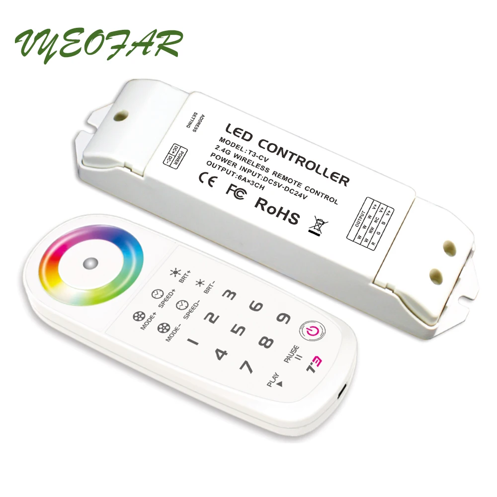 

ltech LED RGB Strip Light Controller 12V 24V 6A*3CH 18A 384W 2.4G RF Remote Wireless Sync/zone 18Key RGB Strip Controller