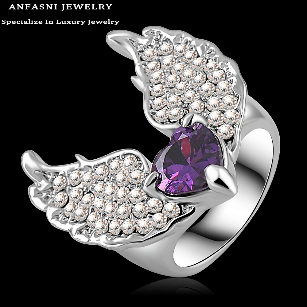 ANFASNI Angel Heart Wings Ring Purple Zircon Heart Ring Fashion Jewelry