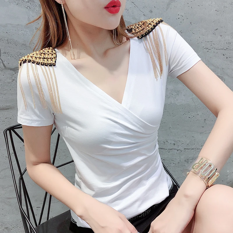 Модный пуловер с открытыми плечами, футболка, лето, женский короткий рукав, неравномерный, тонкий топ, рубашка, одежда, Camiseta Mujer T96505 - Цвет: White tshirt