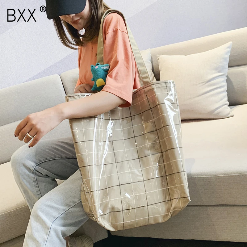 

[BXX] Women's Single Shoulder Crossbody Bag All-match Travel Large Capacity Handbag 2019 Summer PVC Package Tote Plaid Bag HG350