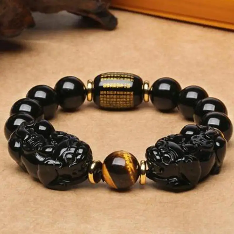 Двойной браслет Pi Xiu для мужчин и женщин, натуральный Золотой обсидиан, браслеты с тигровым глазом и гематитом и черным обсидиановым камнем, браслет