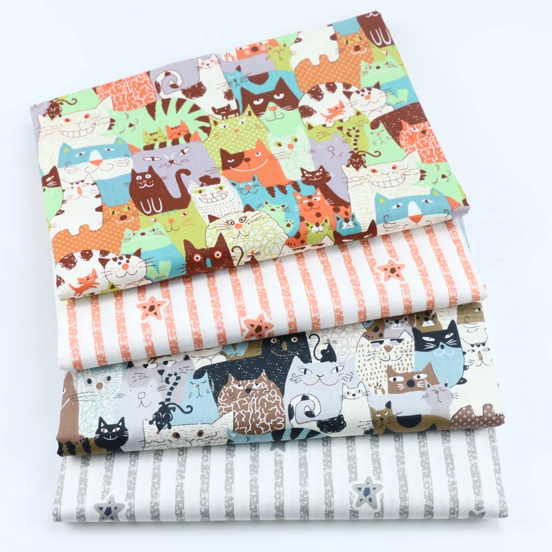 

100% cotton twill cloth cartoon orange grey cat stripe stars fabric for DIY crib bedding cushion apparel quilting handwork decor