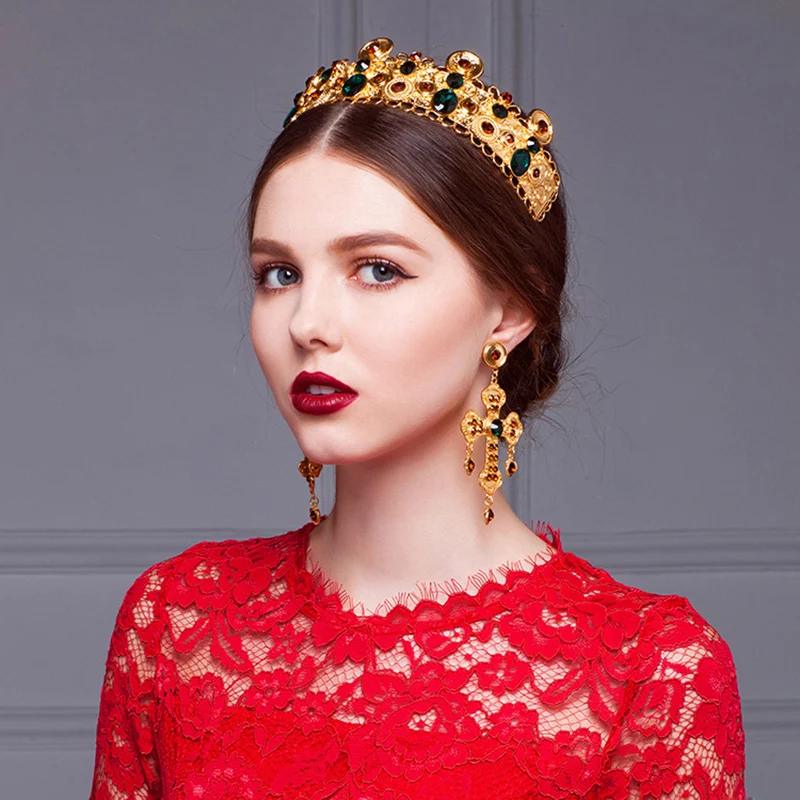

Baroque Crown bridal jewelry green crystal head tiara wedding tiara accessories Crown for Quinceanera
