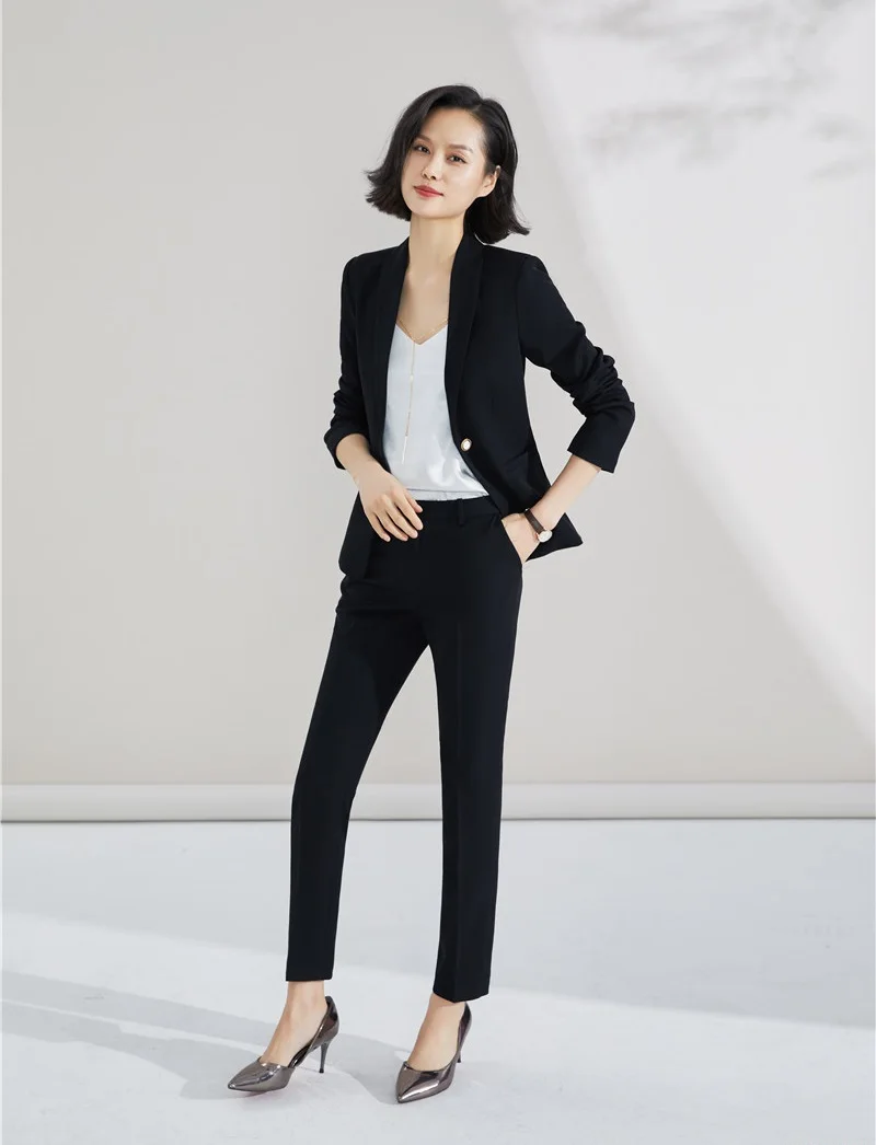 Формальные Дамы Белый Блейзер Для женщин Бизнес костюмы с брюк и куртки Устанавливает Повседневная обувь офисный униформенный стиль