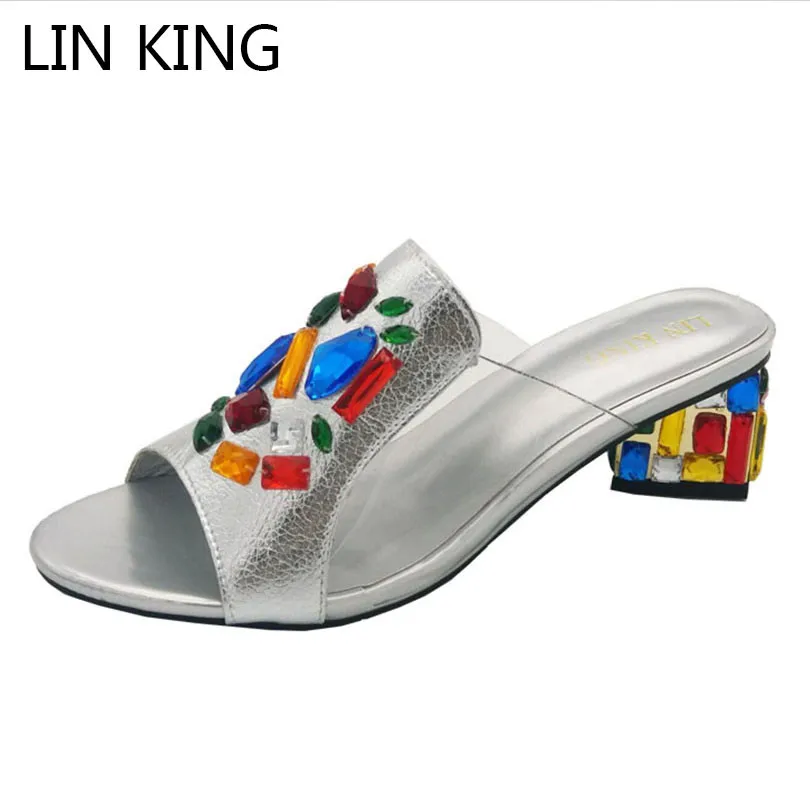 

LIN KING Colorful Rhinestone Peep Toe Women Summer Slippers Fashion Medium Square Heel Cowhide Beads Lady Office Career Slides