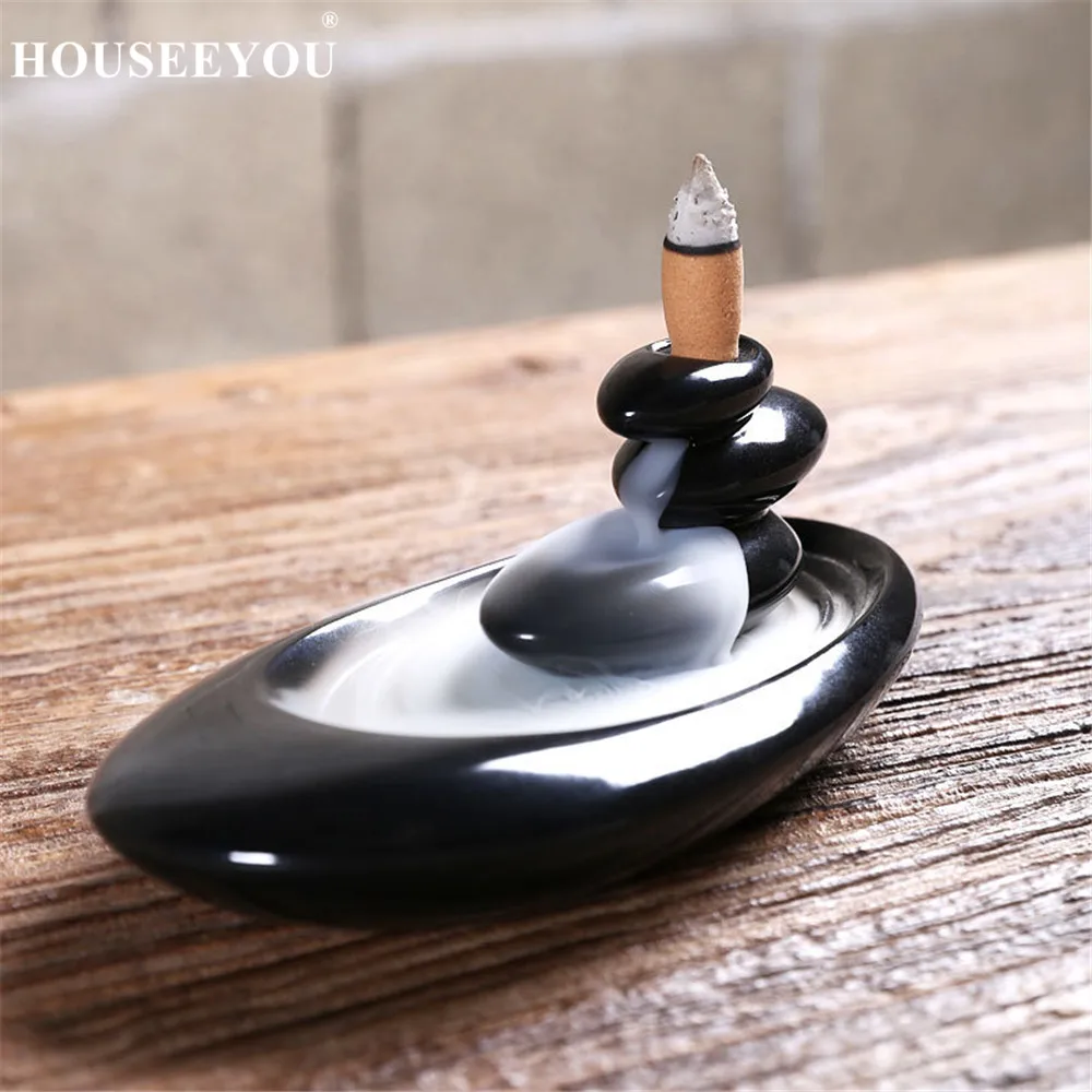 HOUSEEYOU горелка для благовоний, домашний декор, креативная керамическая буддийская кадильница благовония для ароматерапии, держатель+ 20 конусов для благовоний - Цвет: Bright Black
